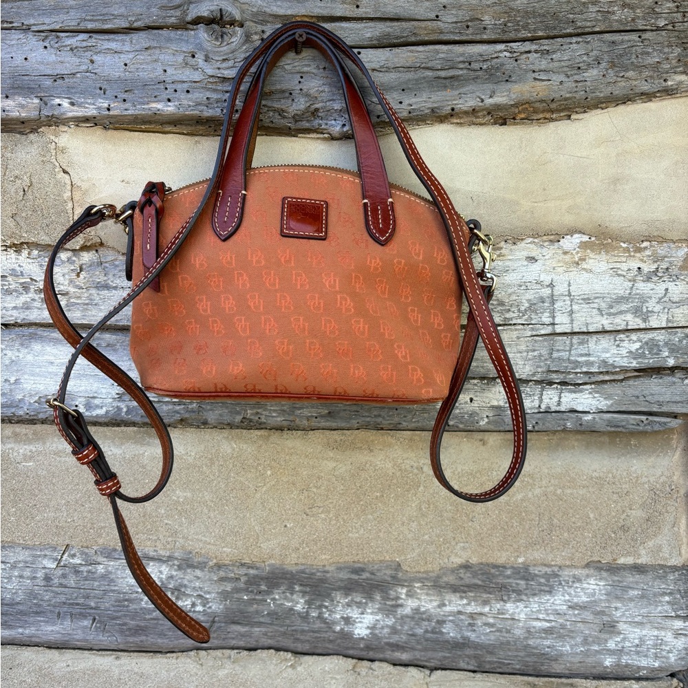 Dooney & Bourke Small Orange Canvas Monogram Satchel/Crossbody Bag Leather Trim
